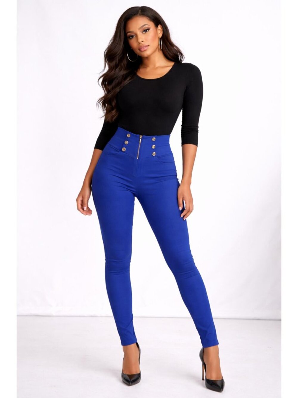 LA12ST Royal Blue High Waist Skinny Pants Faux Button OSFM